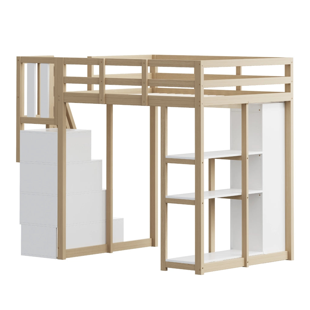 OKWISH Letto a Soppalco 140×200 cm, Letto Matrimoniale con 4 Cassetti, Scala con Cassetti e Mensole, senza Materasso, Naturale e Bianco