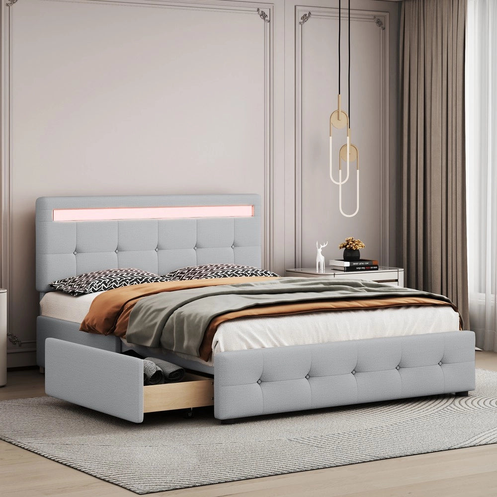 Letto Imbottito con LED, Cassetti e Contenitore ¨C MINIMAL ¨C Grigio 140x200
