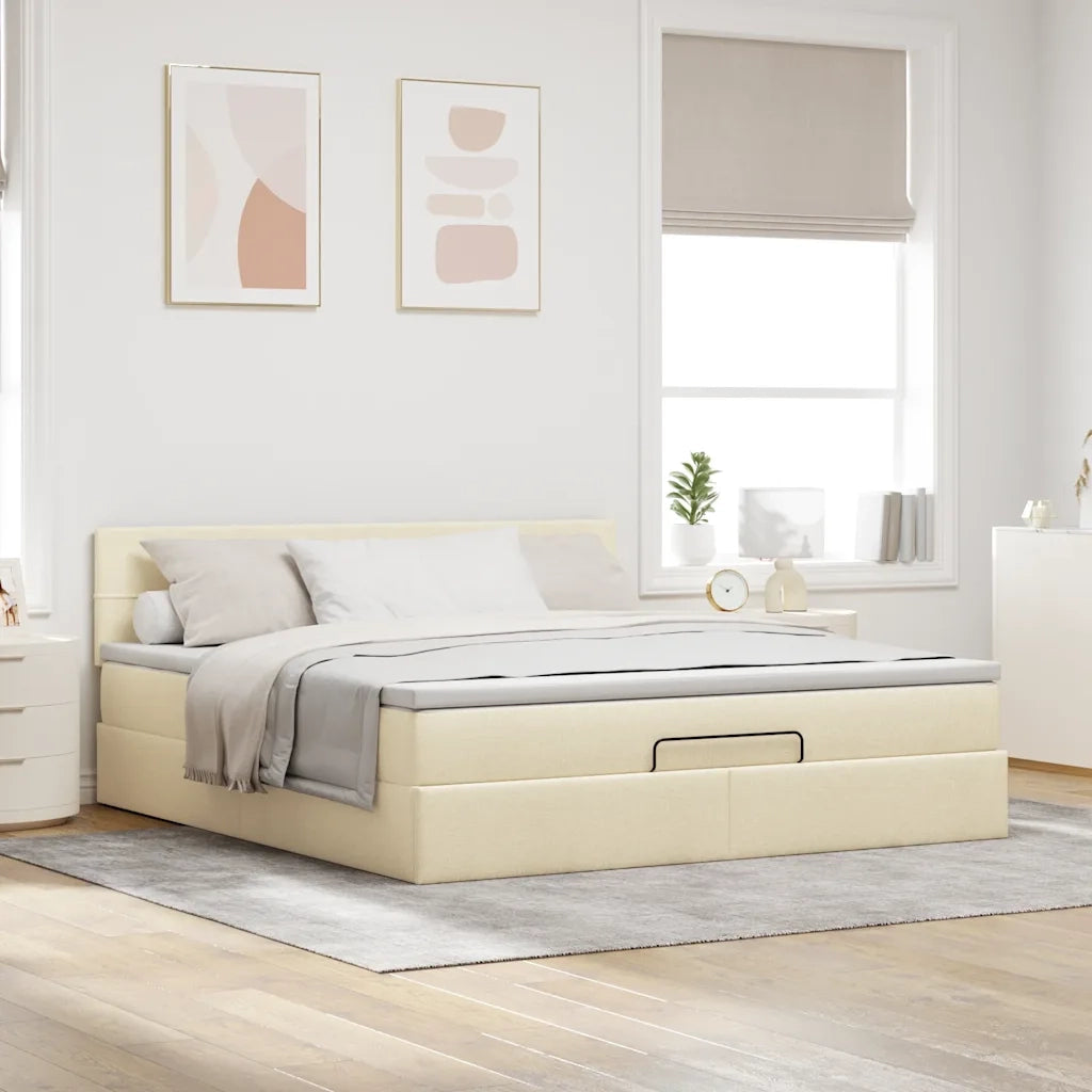 Struttura Letto Pouf con Materasso Crema 160x200 cm in Tessuto 3311475
