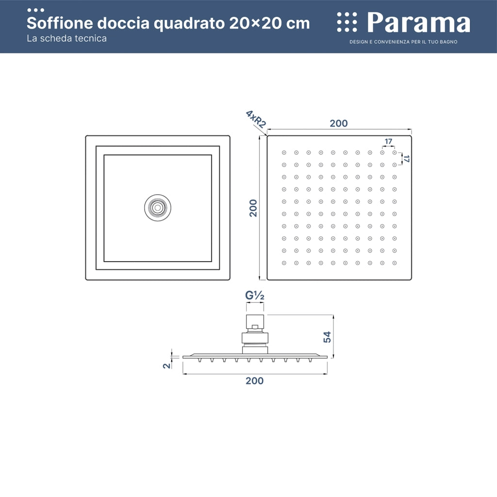 Soffione doccia ultraslim 20x20 cm orientabile cromato