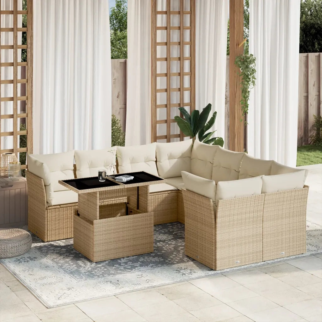 Set Divano da Giardino 9 pz con Cuscini Beige in Polyrattan