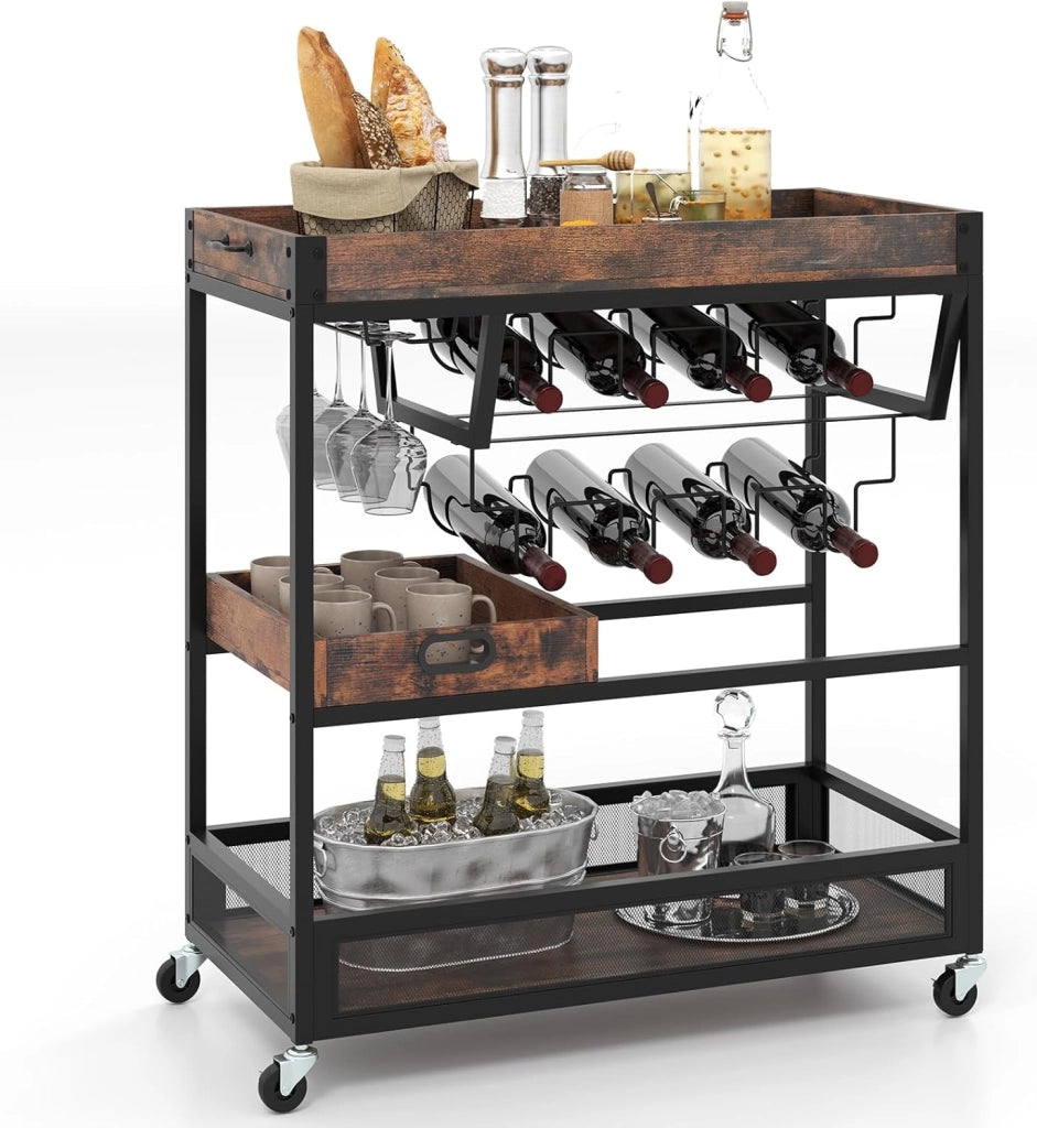 Carrello di servizio a 3 livelli, carrello da cucina con armadietto per vino, porta bicchieri, vassoio rimovibile, struttura in metallo, carrello portaoggetti a 3 livelli, per sala da pranzo