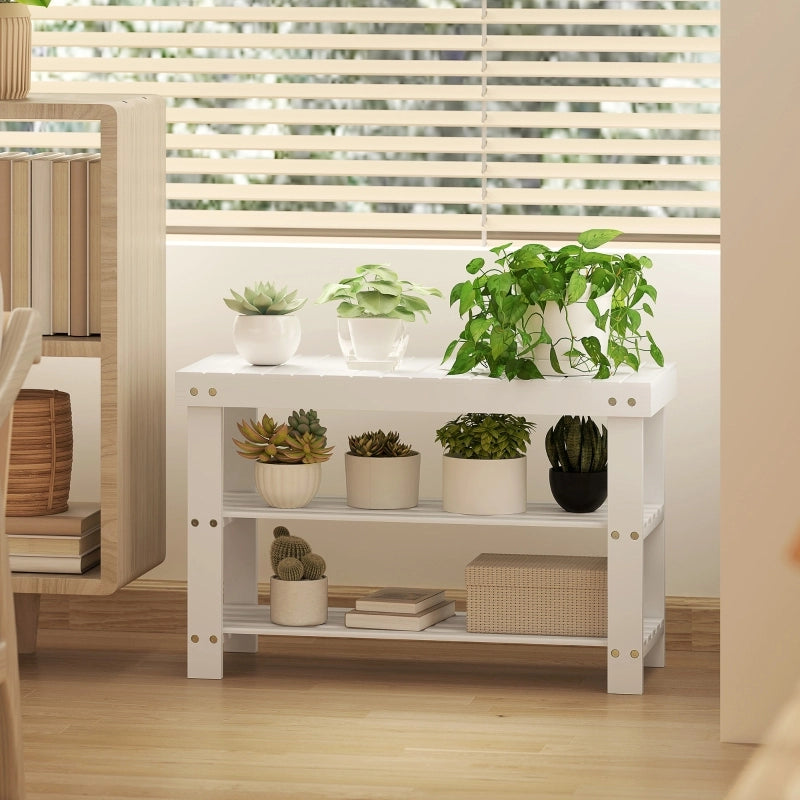 Panca porta scarpe in bamb¨´ con 2 ripiani, panca contenitore, per ingresso, 70x28x45 cm, bianca