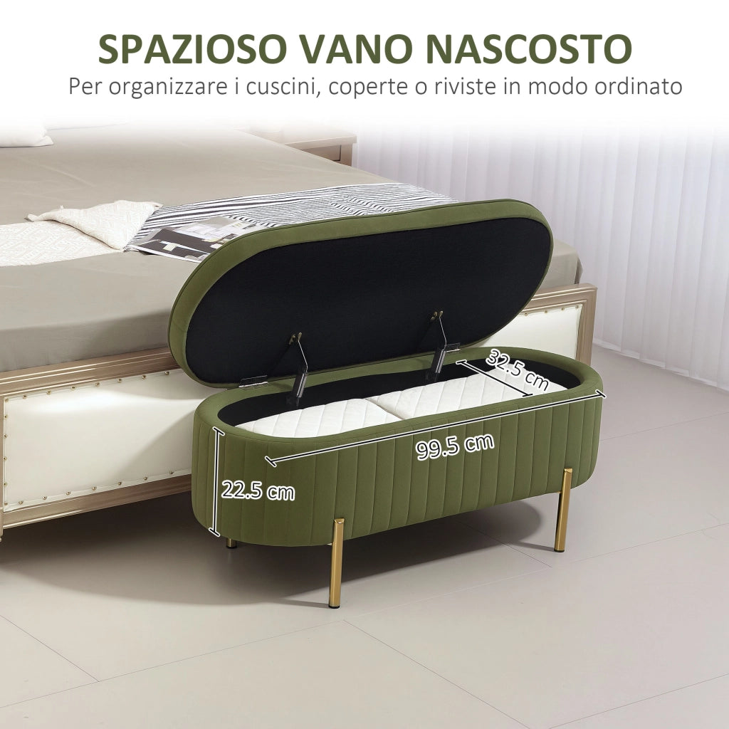 Panca Contenitore con Coperchio ¨C Xylo ¨C Tessuto Effetto Velluto Verde, 108x44x43.5 cm