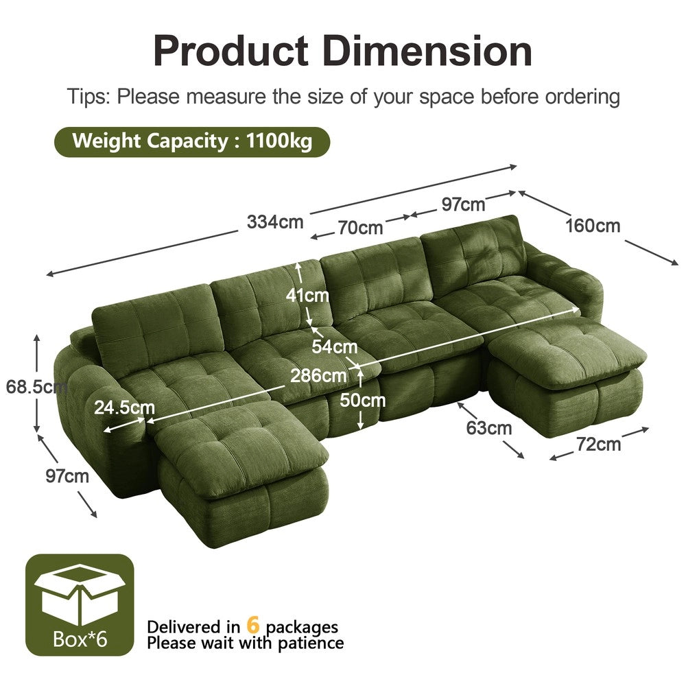 Divano 4 posti con 2 poggiapiedi ¨C Minimal ¨C Verde tessuto chenille design trapuntato