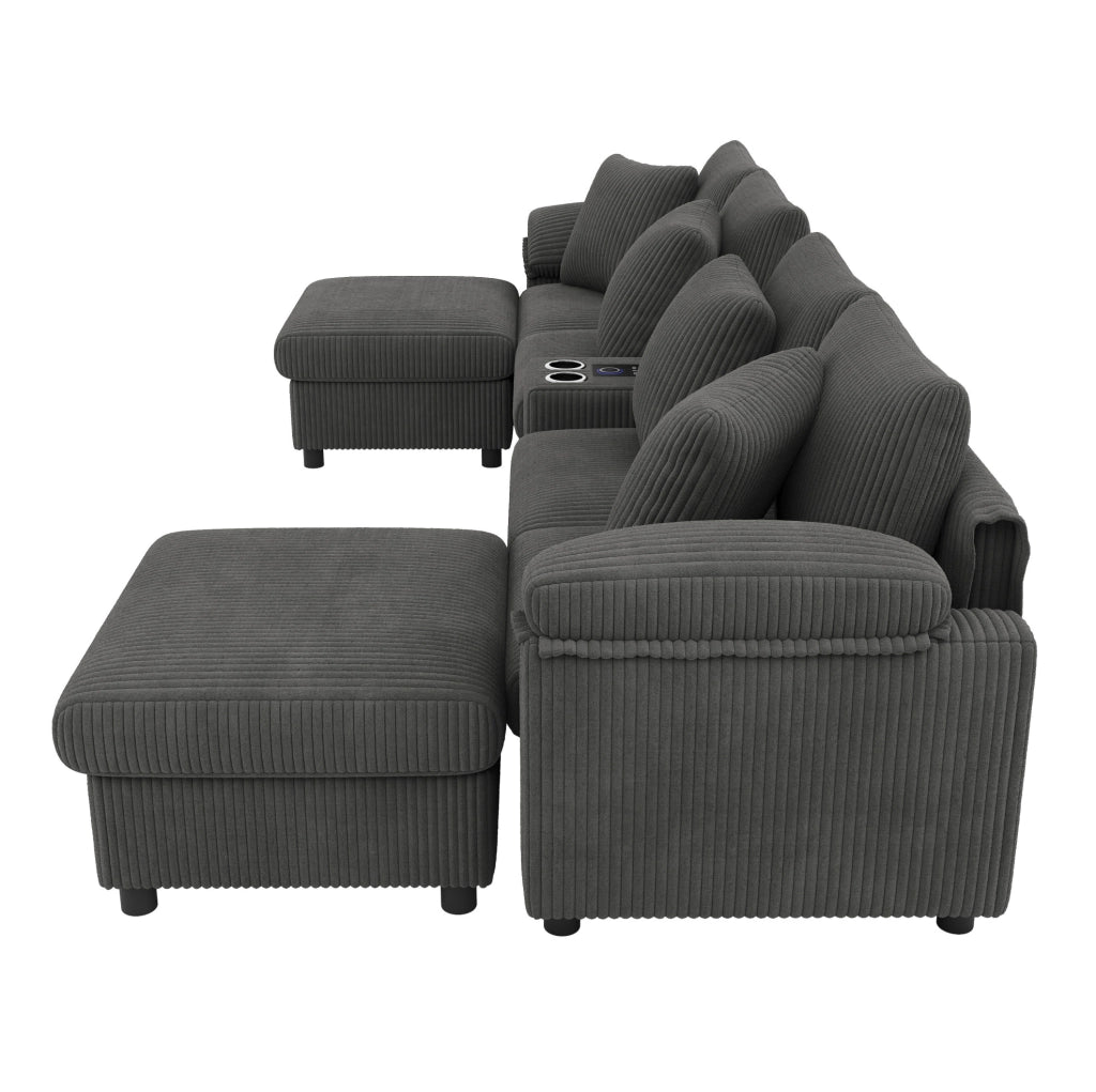 Divano modulare 4-6 posti in velluto a coste grigio 315;5 cm con Bluetooth; USB e console