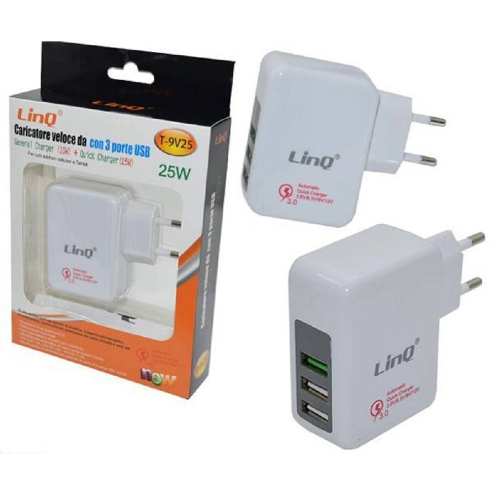 Trade Shop - Alimentatore Da Rete Casa Adattatore Usb 3 Porte Usb 3.0 25w Ricarica Rapida T-9v25 -