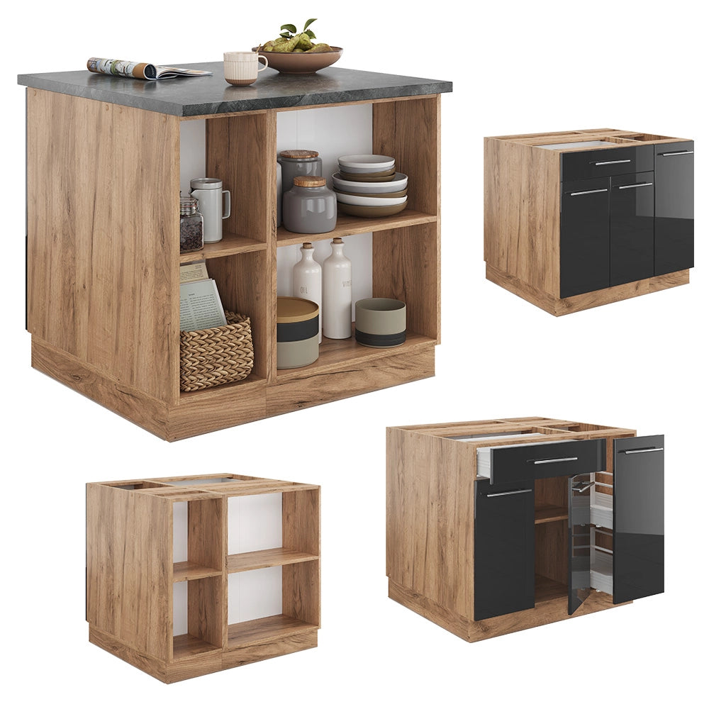 Isola cucina Fame-Line Antracite lucido/Rovere dorato 90 cm con cassetto, senza piano di lavoro Vicco
