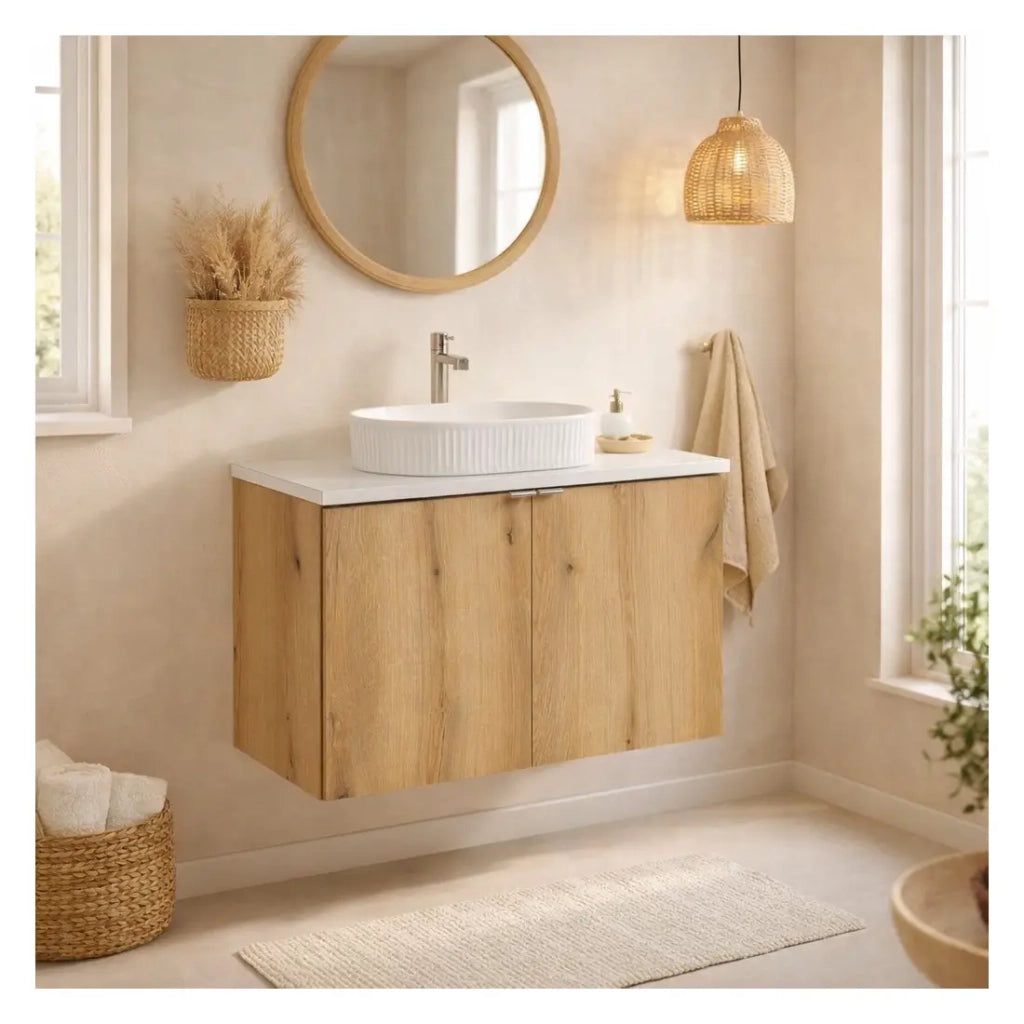 Set da bagno sospeso VANO effetto rovere e bianco 80cm: mobile sotto lavabo con armadietti + piano per lavabo