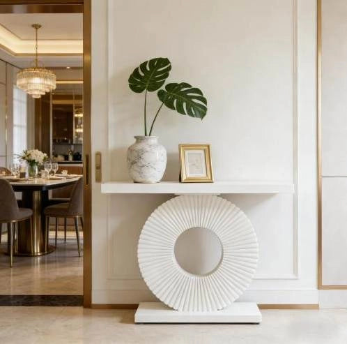 Tavolo consolle in MDF e metallo con struttura geometrica; bianco