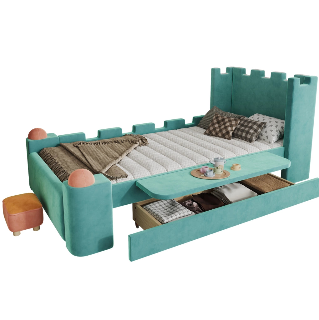 Letto imbottito 90x200 cm con mensola pieghevole e cassetto contenitore in velluto blu verde
