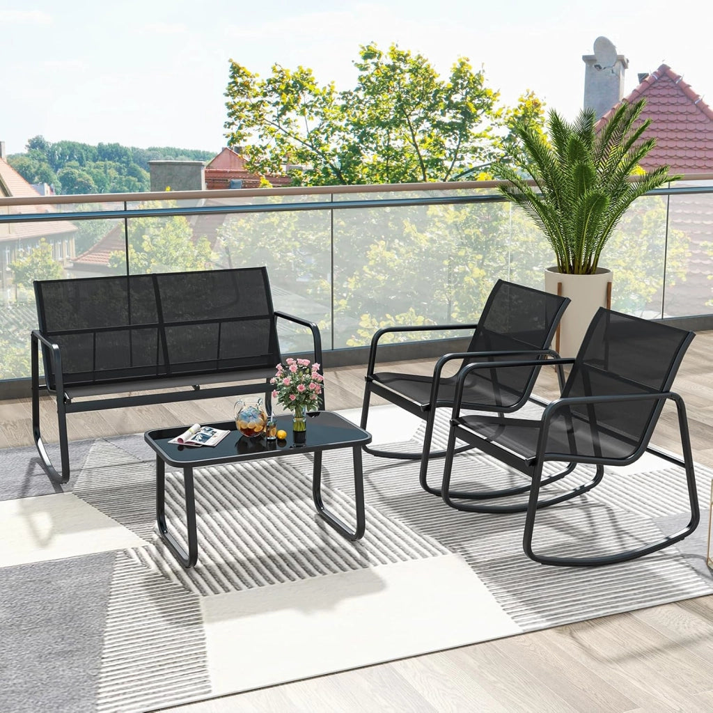 Set di 4 giardino con tavolino da salotto e panca mobile e 2 sedie a dondolo, mobili da balcone in textilene con delicato movimento a dondolo, per 4 persone