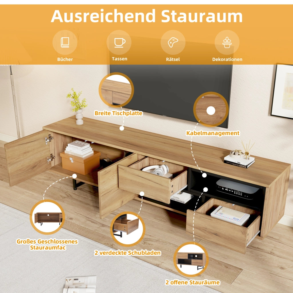 Mobile porta tv con due ante, due ripiani aperti e due cassetti diagonali in legno, 173 × 38 × 48 cm
