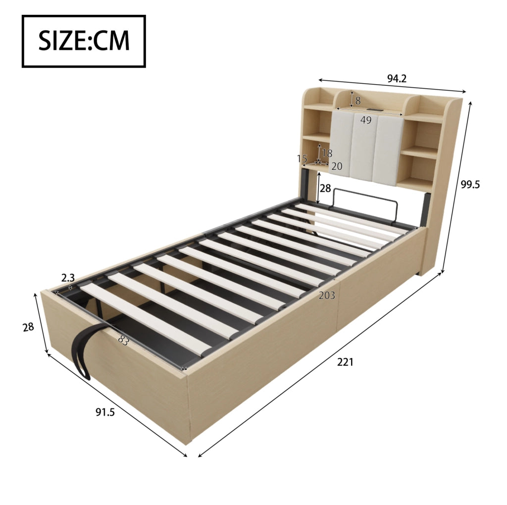 Letto singolo 90x200 cm con sollevamento idraulico; testiera con vani portaoggetti e prese USB Type-C; effetto legno naturale