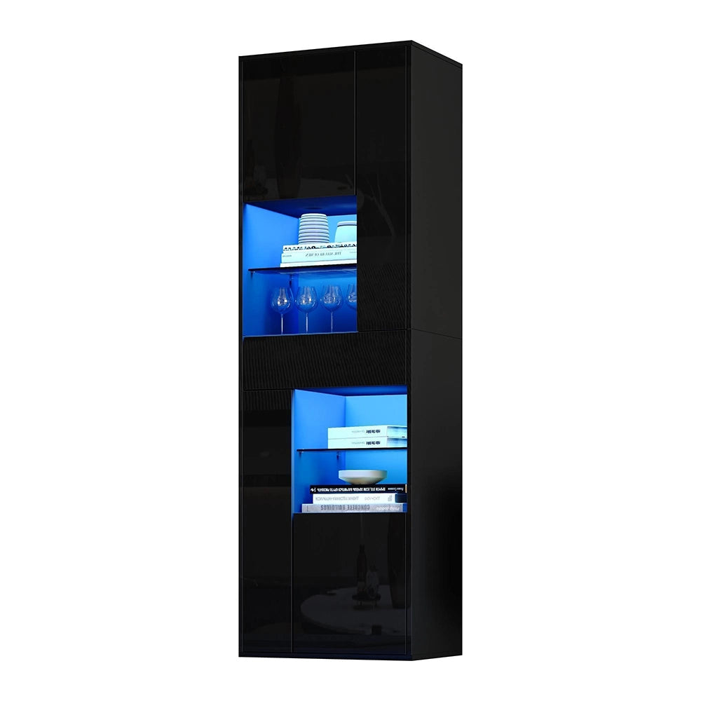 Vetrina esposizione 55x38x170 cm con LED - Xylo - 1 cassetto, 4 ante vetrate, design brillante, nero