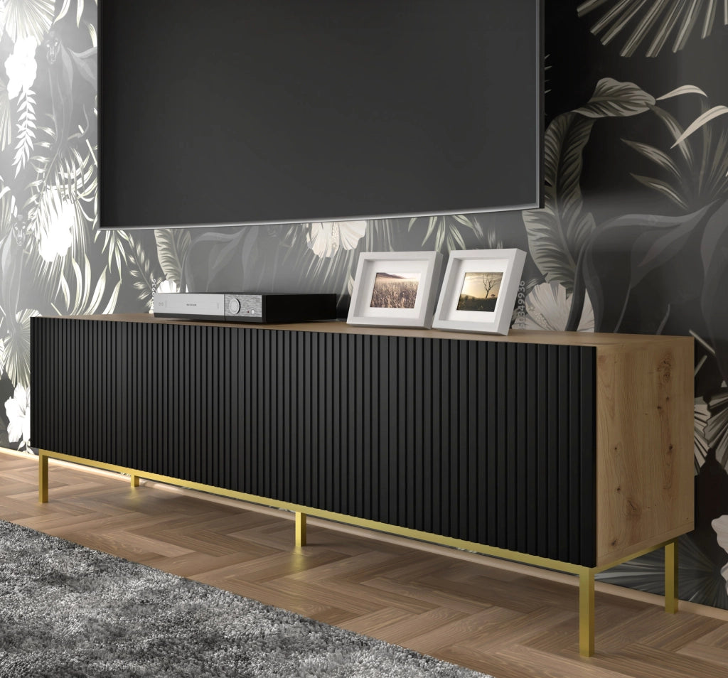 MOBILE RAVENNA B PORTA TV IN MDF RIVESTITO IN LEGNO 4D 200 ROVERE ARTIGIANALE NERO OPACO STRUTTURA ORO