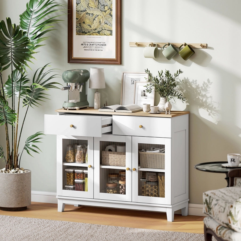 Credenza con 3 ante vetrate 2 cassetti e ripiani regolabili ¨C zephmum ¨C 100x35x80 cm bianco