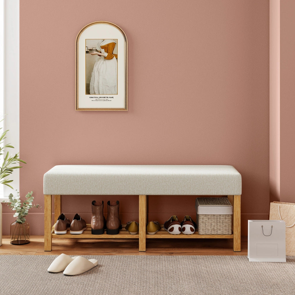 Panca Portascarpe con Seduta Imbottita e Ripiani Aperti ¨C zephmum ¨C Legno di Hevea Naturale 120x44x48cm