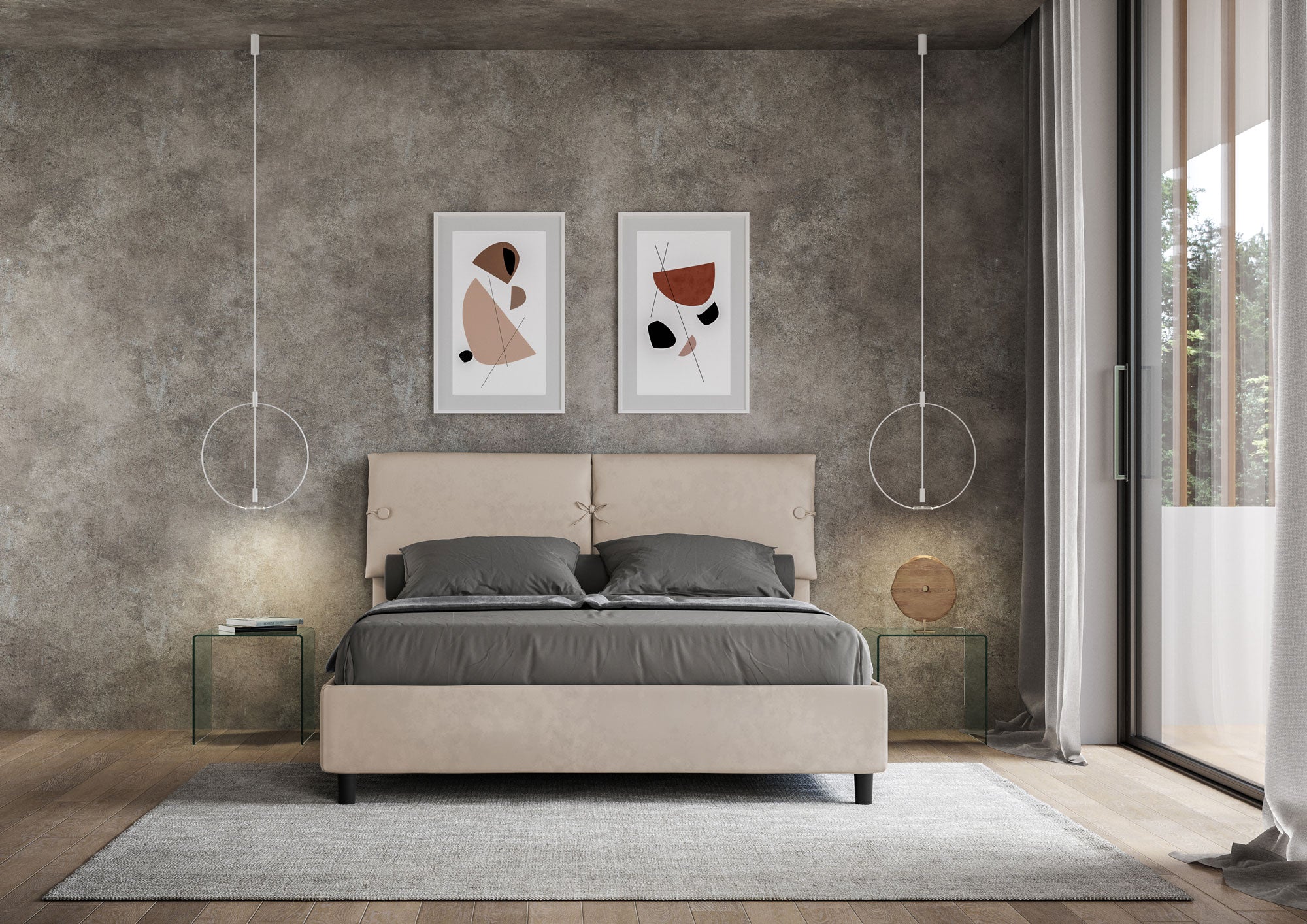 Letto Matrimoniale 160x210 cm con Rete e Contenitore con Testata e Alzata Comoda Imbottito in Microfibra Mados Sabbia
