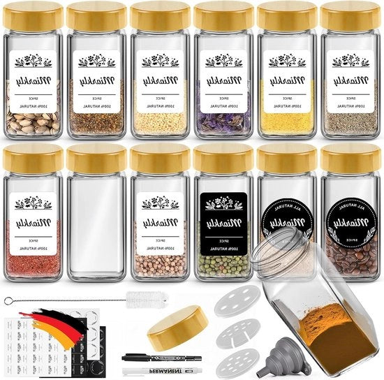 Set di contenitori quadrati per erbe da 120 ml - coperchio in bambù di alta qualità - con dispositivo di dispersione e imbuto - inclusi etichette per contenitori quadrati per erbe