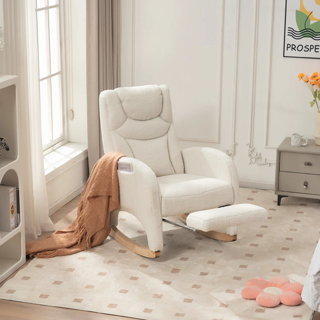 Sedia a dondolo 66x125x101 cm con poggiatesta e poggiapiedi pieghevole in teddy bianco