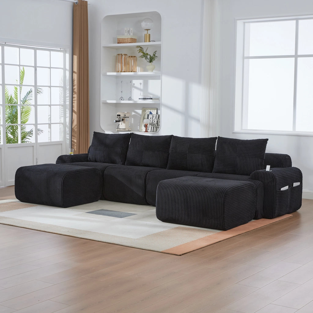 DIVANO Modulare 333x174x80 cm in corduroy nero con portabicchieri e tasca laterale
