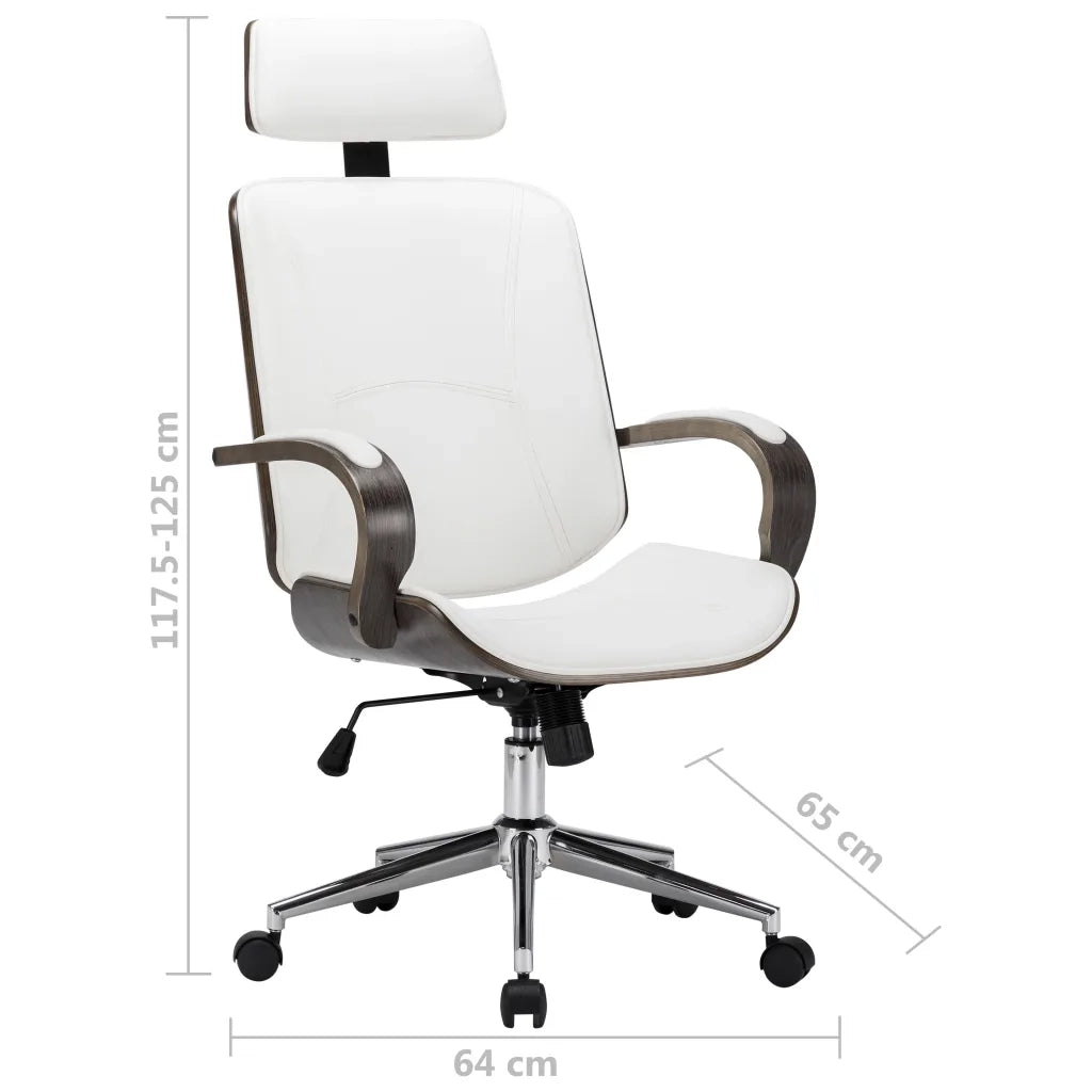 Sedia Girevole con Poggiatesta Bianca Similpelle Legno Curvato 283135