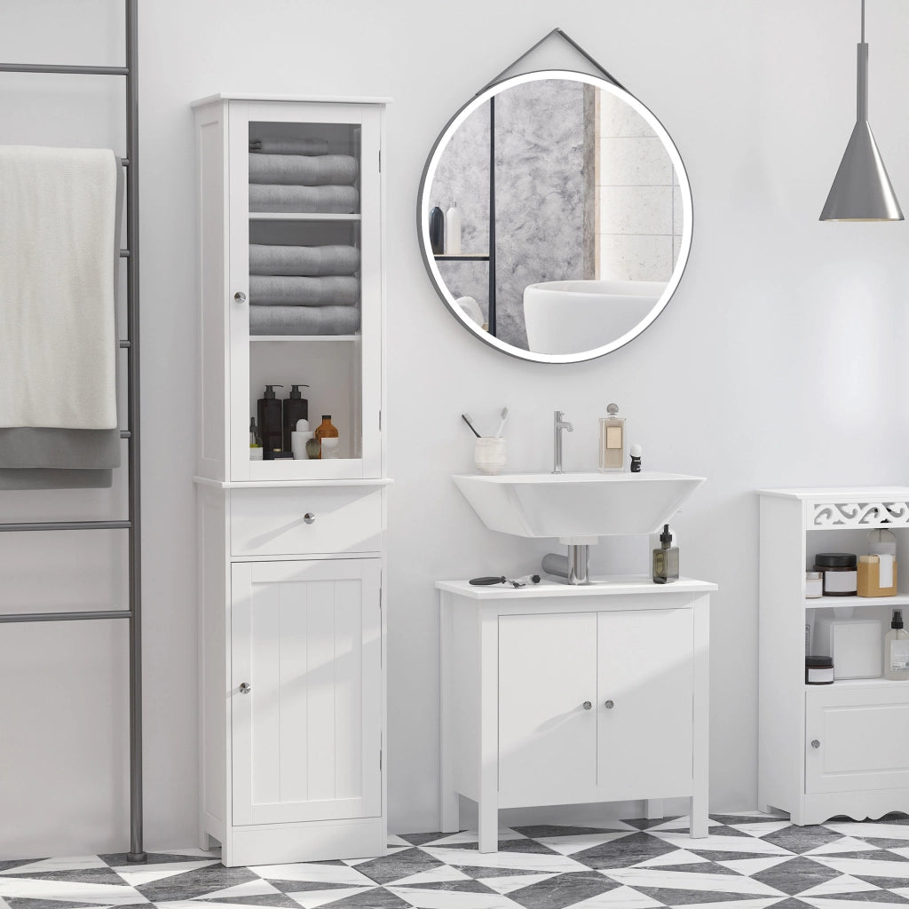Mobile Colonna Bagno Salvaspazio con Armadietto. Cassetto e Ripiani in MDF. 40x27x171.5cm. Bianco