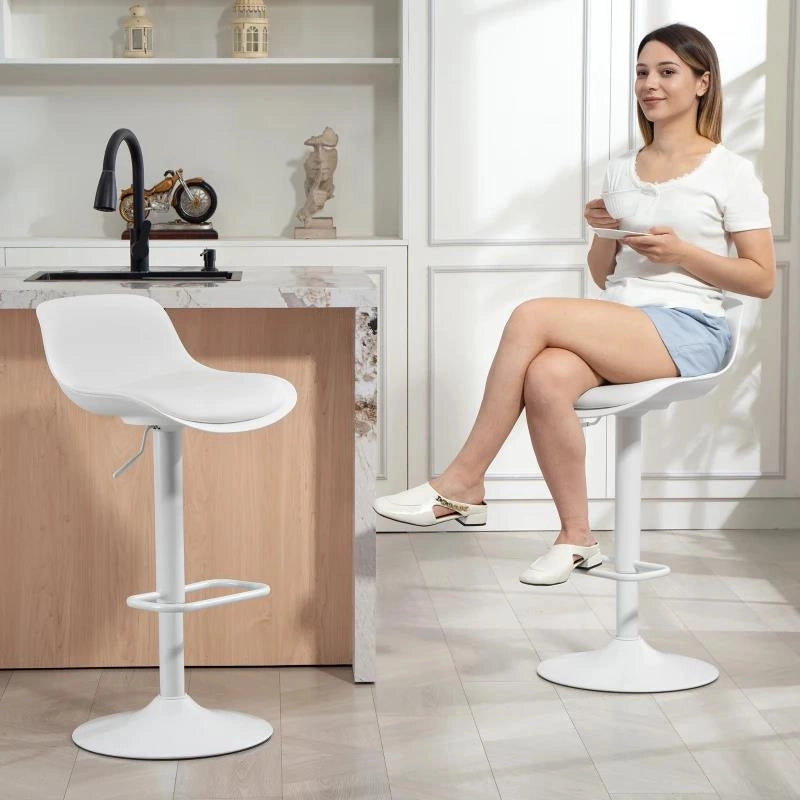 SET 2 SGABELLI DA BAR CON SCHIENALE, ALTEZZA REGOLABILE, SEDUTA GIREVOLE IN PELLE PU E POGGIAPIEDI, BIANCO