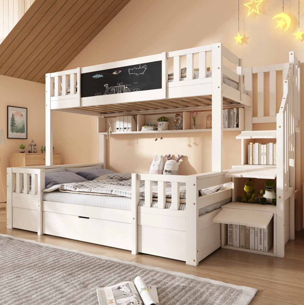Letto a castello ULEVR 90x200 e 140x200 cm con scala contenitore, cassetti e lavagna, bianco