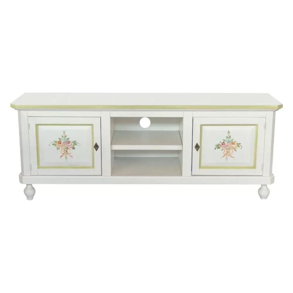 Porta tv in legno 2 ante shabby bianco decoro filo verde 150x43x56 - Mobili 2G