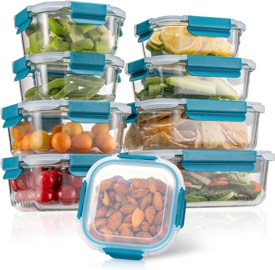 Set di 18 contenitori per alimenti, 9 contenitori + 9 coperture trasparenti, lavabili in lavastoviglie, microonde e congelatore, impermeabili, BPA-free