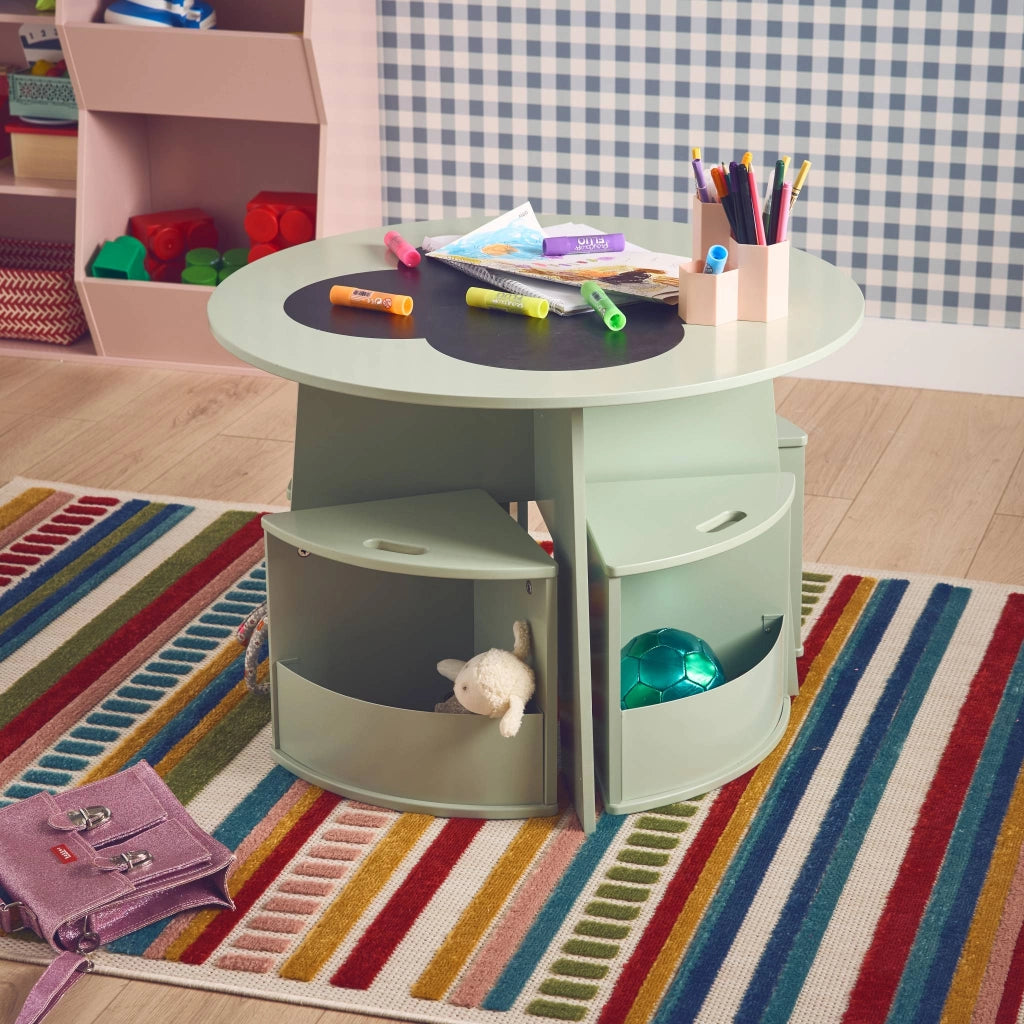 Tavolo con ardesia e 4 sedie con contenitore per bambini, verde