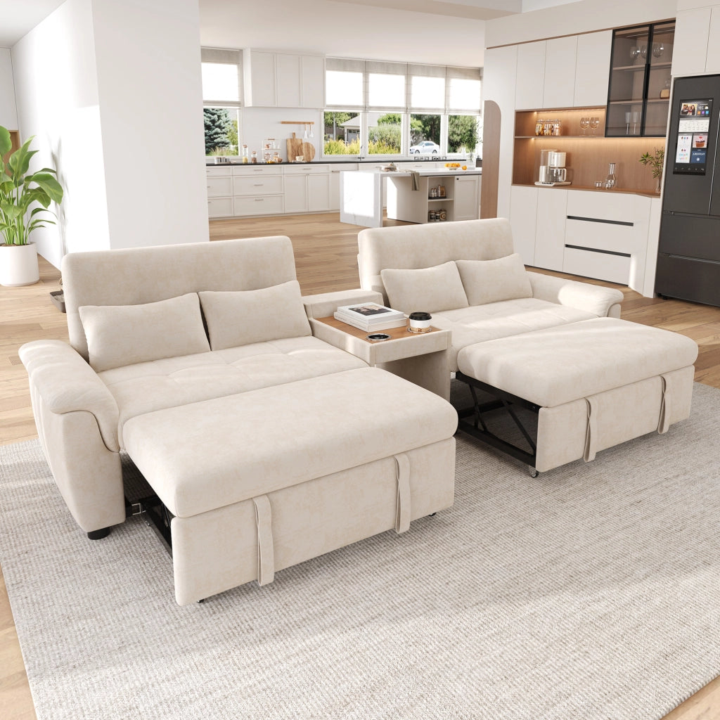 Divano letto multifunzionale beige con modulo centrale e schienale regolabile