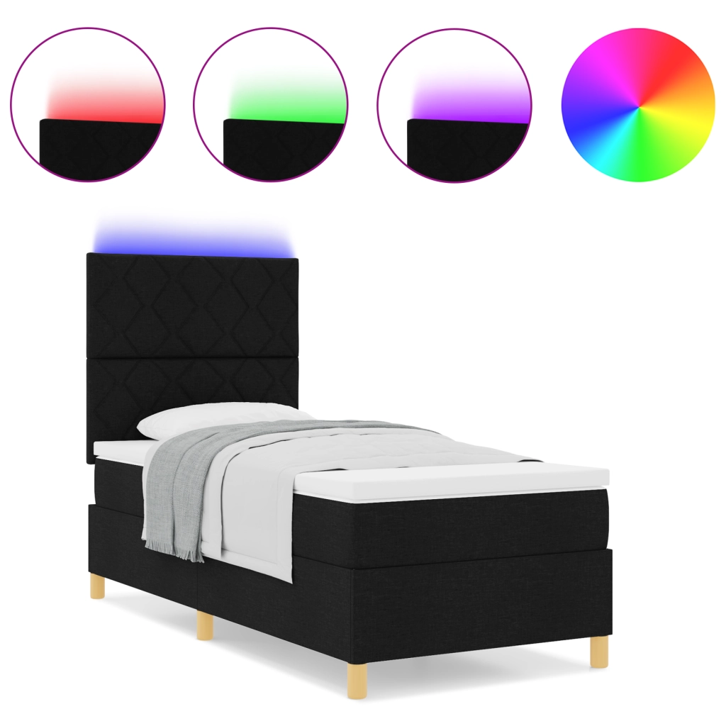 Letto con Box Spring e Materasso & LED Nero 100x200 cm in Tessuto
