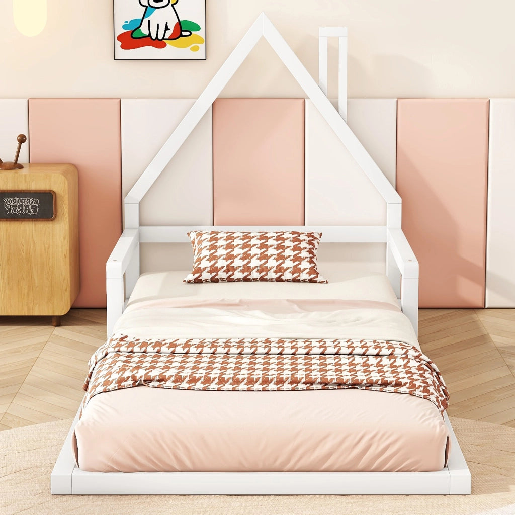 Letto per bambini bianco a forma di casa in legno di pino massello 90x200 cm