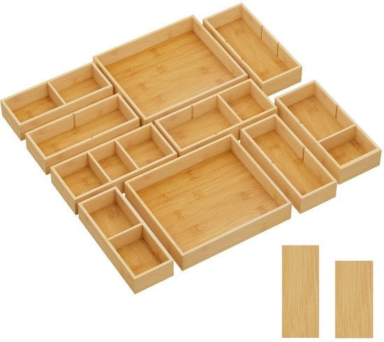 Set di 10 organizzatori per cassetto con 6 accessori, cassetta di archiviazione regolabile con 11 compartimenti, separatori in legno per cassetto per utensili da cucina, organizzatore per tavolo da toeletta, organizzatore per make-up, ufficio, bagno