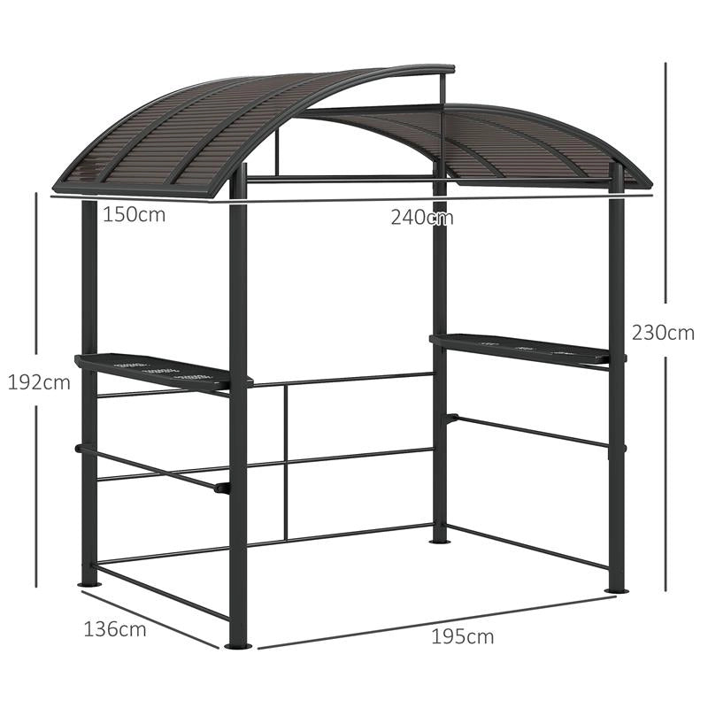 GAZEBO PER BARBECUE CON TETTO E 2 RIPIANI PORTAOGGETTI, IN METALLO E PC, 240X150X230CM, GRIGIO SCURO