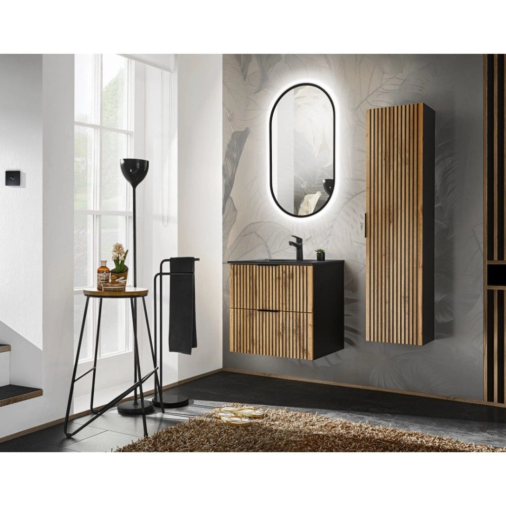 Set KINOKO: mobiletto sottolavabo 60cm + lavabo da incasso nero + specchio LED + colonna di stoccaggio