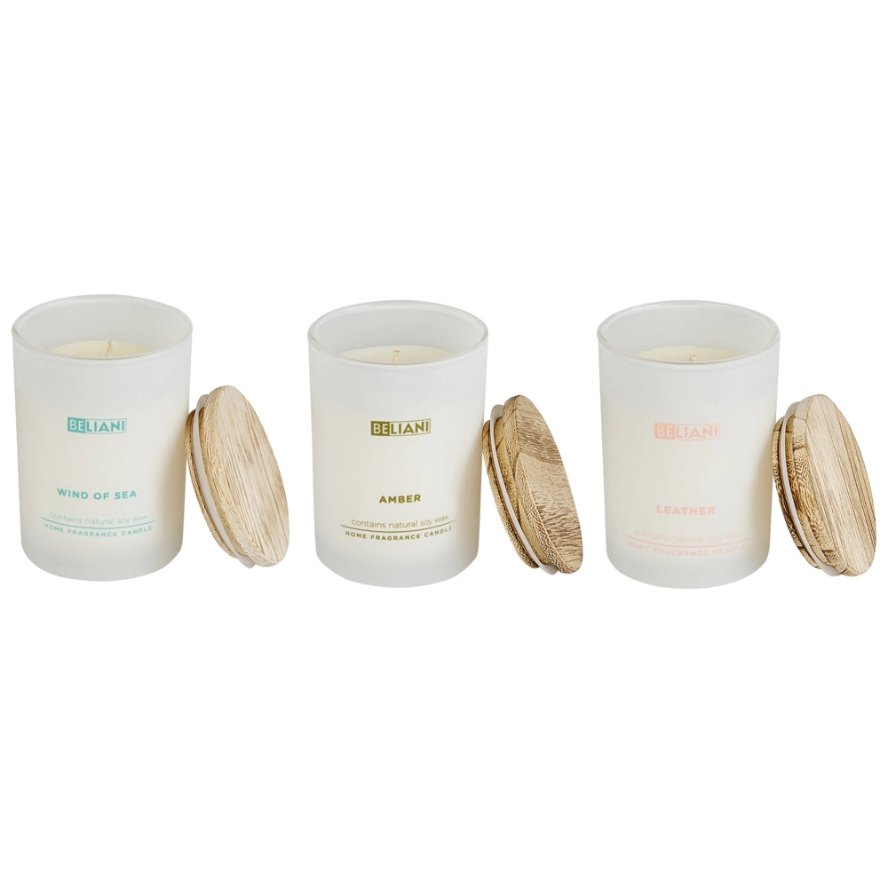 Set di 3 candele profumate multicolore 100% cera di soia stoppino di cotone vetro bianco fragranza Pelle/Vento di Mare/Ambra
