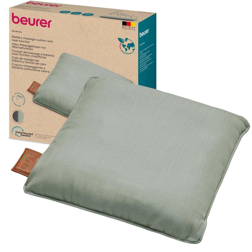 Beurer MG 139 - Cuscino massaggiante a batteria con funzione di calore, senza fili Shiatsu, calore commutabile, realizzato in materiale riciclato, lavabile in lavatrice, spegnimento automatico, 40 x