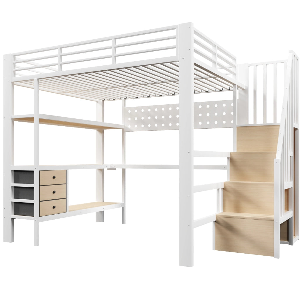 Letto a soppalco 140x200 cm con scrivania, 3 cassetti, LED e presa in metallo e MDF bianco