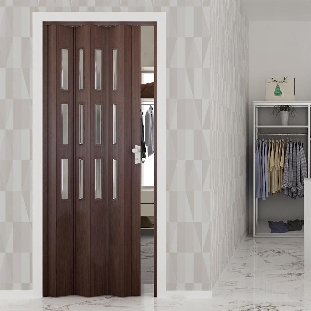 Porta a Soffietto da Interno 88,5x214 cm in PVC con Vetro Florance Noce Mansonia