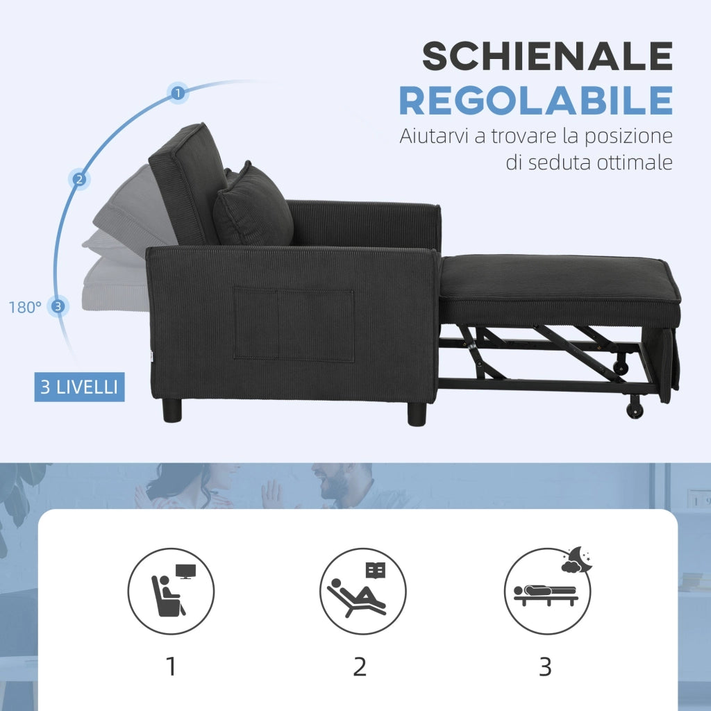 Poltrona Letto Reclinabile 74x84x81 cm in Tessuto Effetto Velluto Grigio Scuro