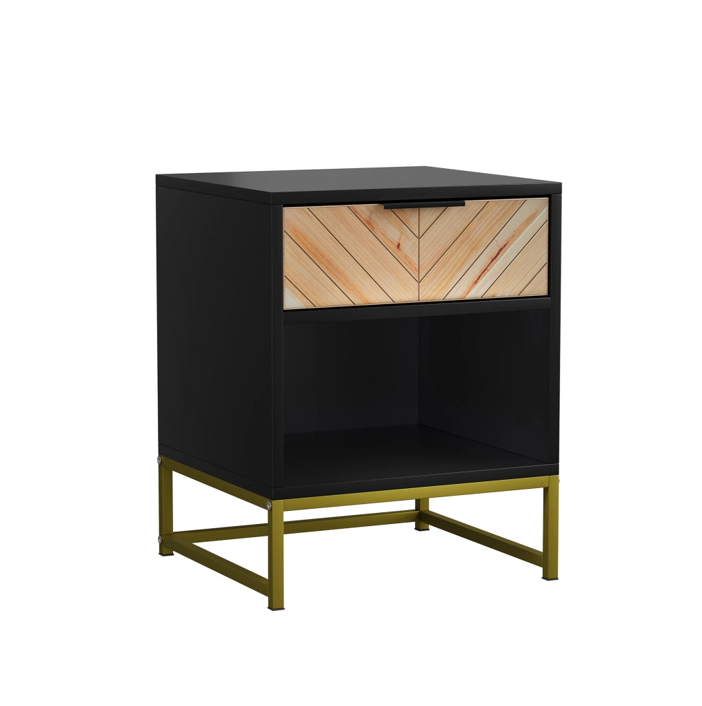 Comodino moderno in MDF con cassetto e ripiano aperto, 43x40x55 cm, colore nero