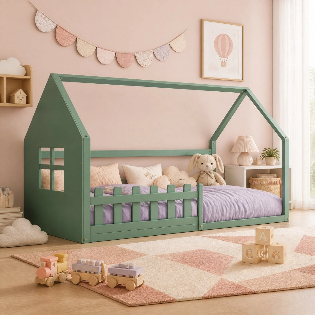 DESMIU Letto a casetta per bambini 1 posto con struttura a casa, 90 × 200 cm, senza materasso, pino e MDF, verde