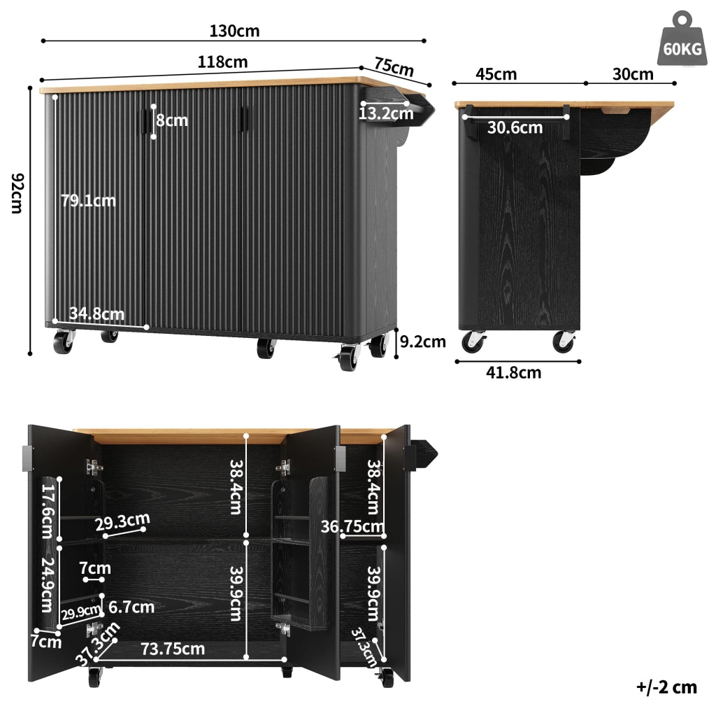 Isola da cucina 130x45(75)x92 cm pieghevole con ruote in MDF nero