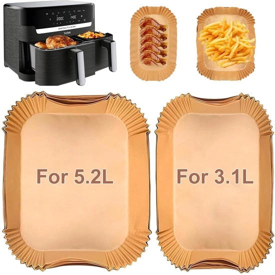 Papier per frittura ad aria per Dual Easy Fry 5,2/3,1 L, 100 pezzi, adatto per frittura ad aria 3000-serie 6L/3L 5,2/3,1 L, per frittura ad aria grande e piccola con 2 cariche.