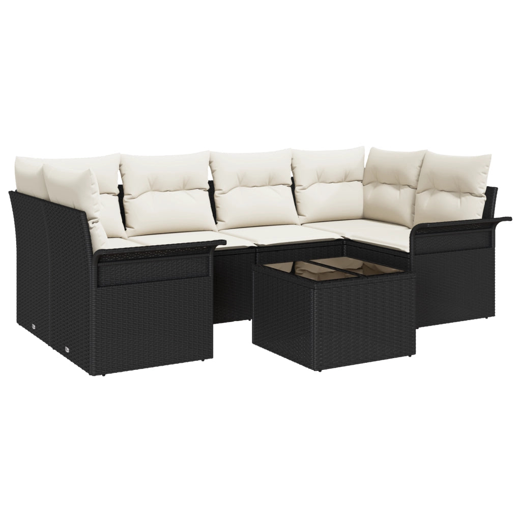 Set Divano da Giardino da 7 Pezzi con Cuscini Nero Polyrattan