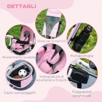 Triciclo per Bambini 1-5 Anni con Maniglione e Tettuccio Regolabile, 102x49x102 cm, Bianco e Rosa